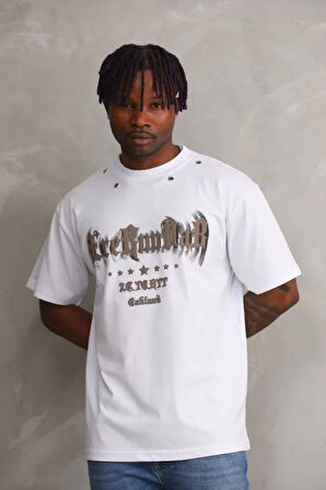 Unisex Kuşgözü Detaylı Baskılı Oversize Thirt  Beyaz