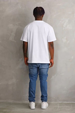 Unisex Kuşgözü Detaylı Baskılı Oversize Thirt  Beyaz