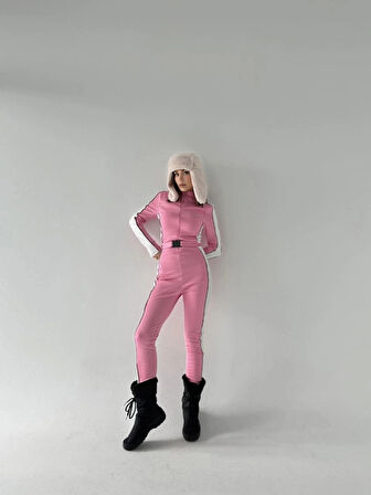 Kemer Detaylı Fermuarlı Tulum  Pembe