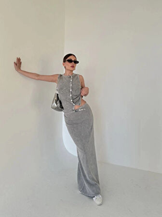 Uzun Etekli Önü Düğmeli Badi İkili Takım Gri