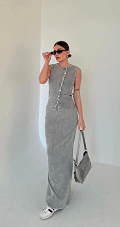 Uzun Etekli Önü Düğmeli Badi İkili Takım Gri