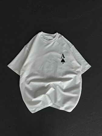 Unisex Bisiklet Yaka Baskılı Oversize Thirt  Beyaz