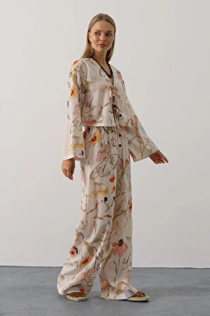 Çiçek Desen Önü Bağlamalı Pantolon Takım  Taş