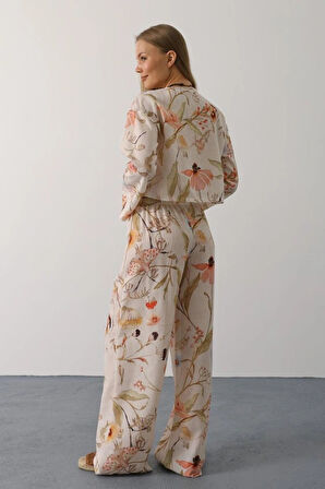 Çiçek Desen Önü Bağlamalı Pantolon Takım  Taş