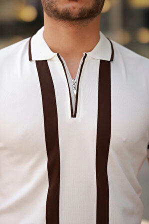 Erkek Fermuar Yakalı şerit Detaylı Kısa Kollu Tişört