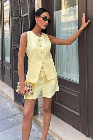 Gold Düğme Detaylı Yelek Şort Cotton Takım 10208