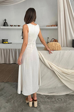 KETEN KOLUZ KARE YAKA DÜĞE DETAYLI ELBİE  Beyaz