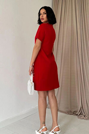 Kırmızı Kısa Kol Atlas ini Elbise