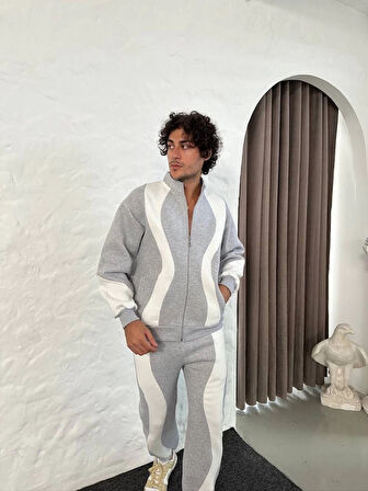 Erkek Premium Parçalı Eşofman Takım  Dik Yaka Fermuarlı weatshirt,  Gri