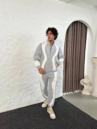 Erkek Premium Parçalı Eşofman Takım  Dik Yaka Fermuarlı weatshirt,  Gri