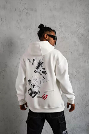 Erkek Şapkalı Güvercin Baskılı Kapşonlu weat  Beyaz