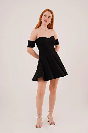 Kol Detaylı traplez iyah Mini Elbise