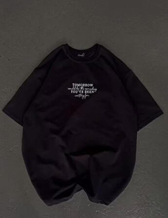 Unisex Bisiklet Yaka Baskılı Oversize Thirt  iyah