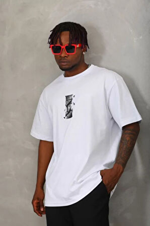 Unisex Oversize Baskılı Bisiklet Yaka Thirt  Beyaz