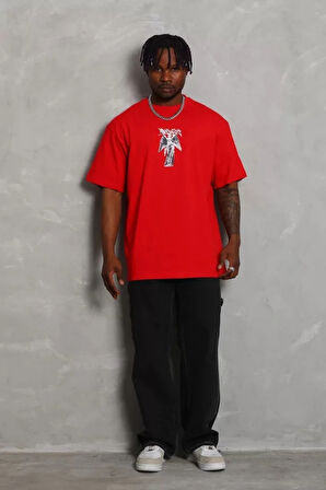 Unisex Oversize Baskılı Bisiklet Yaka Thirt  Kırmızı