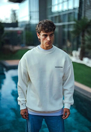 Kışlık Bisiklet Yaka Oversize Baskılı weathirt  Beyaz