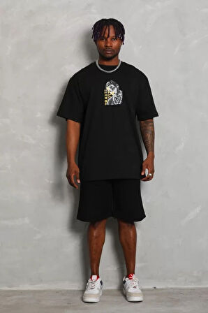 Unisex Oversize Baskılı Bisiklet Yaka Thirt  iyah