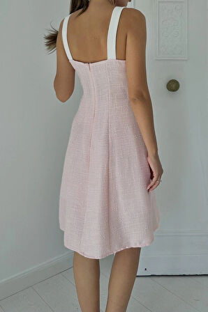 Pudra Ekru üs Cepli Askılı Elbise