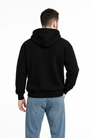 Erkek Kapüşonlu weatshirt  Hoodie 3 İplik Şardonlu Pamuklu Kumaş, Önü Baskılı, Fermuarlı Rahat Kalıp, Kışlık Ve okak tili weat  iyah
