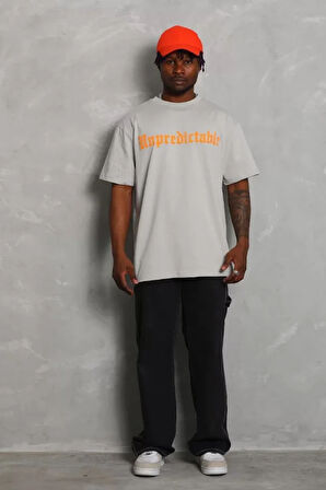 Unisex Oversize Baskılı Bisiklet Yaka Thirt  Gri