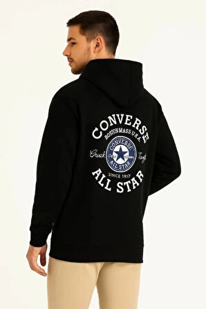 Üç İplik Kapşonlu ön Ve Arka Baskılı weathirt Hoodie iyah