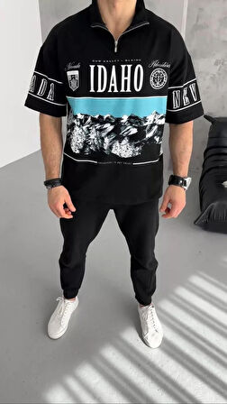 Unisex Baskılı Yarım Fermuarlı Thirt  iyah