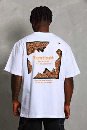 Unisex Oversize Baskılı Bisiklet Yaka Thirt  Beyaz