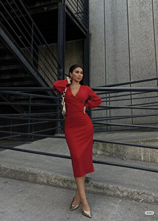 Kadın Kruvaze Yaka Balon Kol imli Krep Kumaş idi Boy Elbise