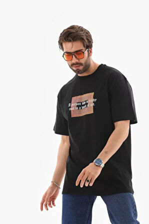 Unisex Bisiklet Yaka Baskılı Oversize Thirt  iyah