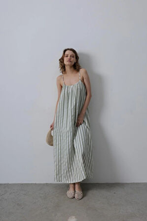 Askılı Çizgi Desen Elbise  Haki