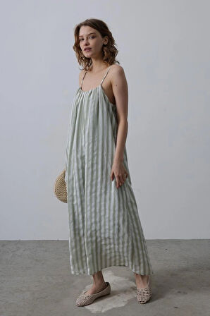 Askılı Çizgi Desen Elbise  Haki