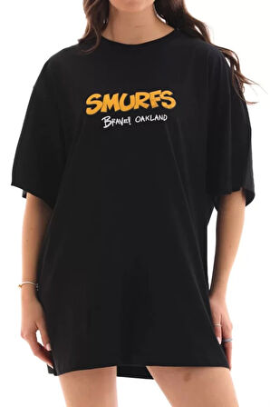 Unisex Bisiklet Yaka Baskılı Oversize Thirt  iyah