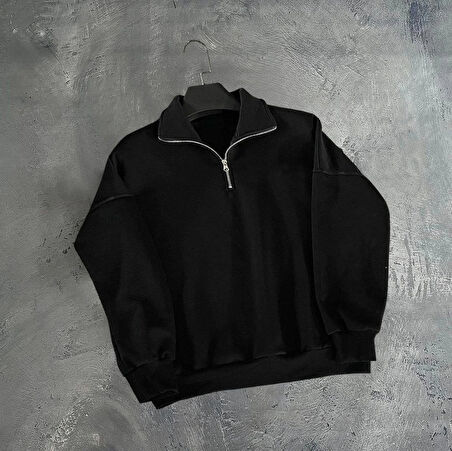 Erkek Yarım Fermuarlı Üç İplik weatshirt  iyah