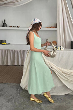 KETEN KOLUZ KARE YAKA DÜĞME DETAYLI ELBİE  Mint