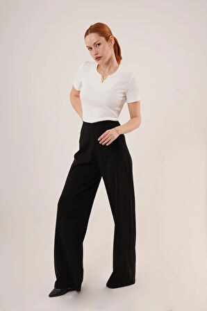 Bol Paça Yandan Fermuarlı iyah Kumaş Pantolon