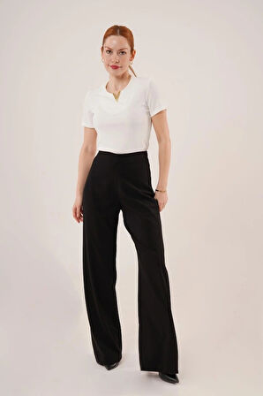 Bol Paça Yandan Fermuarlı iyah Kumaş Pantolon