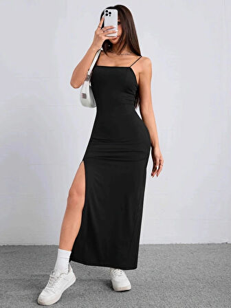 Kadın Ip Askılı Yandan Yırtmaçlı Janjan Krep Elbise