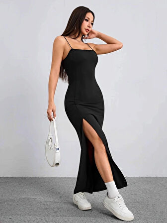 Kadın Ip Askılı Yandan Yırtmaçlı Janjan Krep Elbise