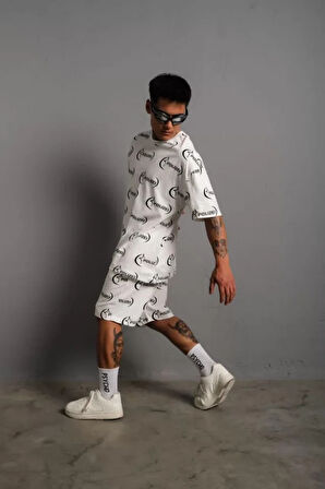 Erkek Baskılı İkili Şortlu Takım  Beyaz