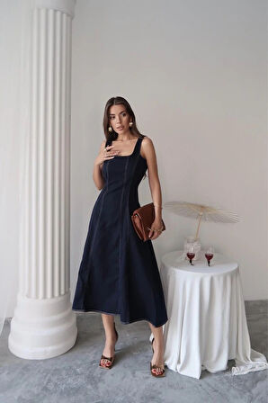 Lacivert Çift Dikişli Gabardin Elbise