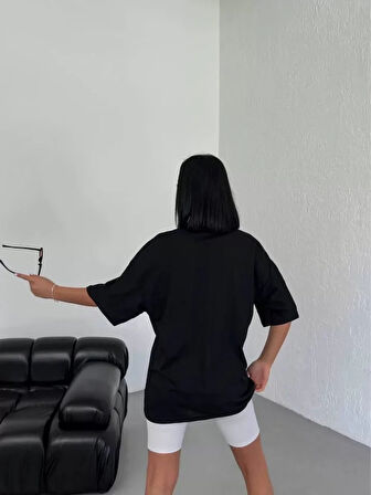 Unisex Bisiklet Yaka Baskılı Oversize Thirt  iyah