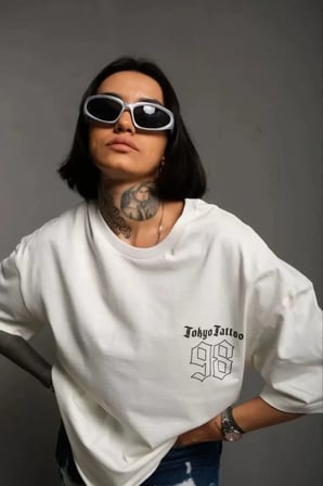 Unisex Bisiklet Yaka Baskılı Oversize Thirt  Beyaz