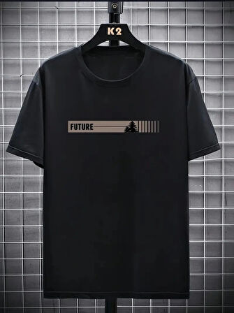 Baskılı Oversize Bisiklet Yaka Tshirt  iyah