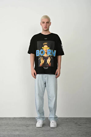 Unisex Baskılı Bisiklet Yaka Oversize Thirt  iyah