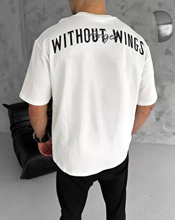 Unisex Bisiklet Yaka Baskılı Oversize Thirt  Beyaz