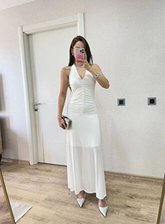 ırt Dekolteli Uzun Kollu Elbise  Beyaz