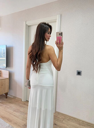 ırt Dekolteli Uzun Kollu Elbise  Beyaz