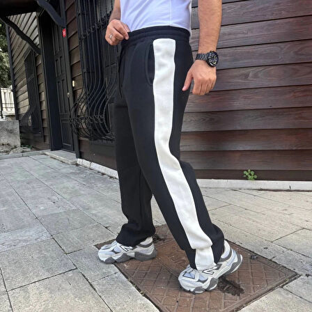 Erkek Üç İplik Kışlık Pamuklu Yandan Garneli Kalın Şeritli Cepli Eşofman Altı  iyah