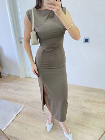 Yırtmaç Detaylı Kolsuz Elbise  Antrasit