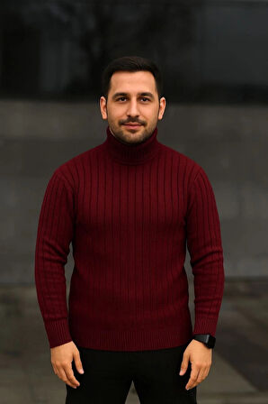 Erkek Balıkcı Yaka Bağazlı Triko Kazak Pamuklu Kalın Fitilli Dokuma, Regular Fit Uzun Kollu Kışlık odel  Bordo